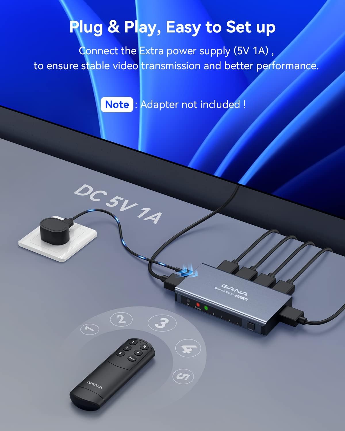 HDMI Switch 5 in 1 Out 4K@60Hz, GANA HDMI Splitter Switcher with Remote, Aluminum HDMI 2.0 Switch Box Hub for 3D, HDCP2.2, HDR, Compatible with Xbox, PS5/4/3,Fire Stick,Roku,Blu-Ray Player