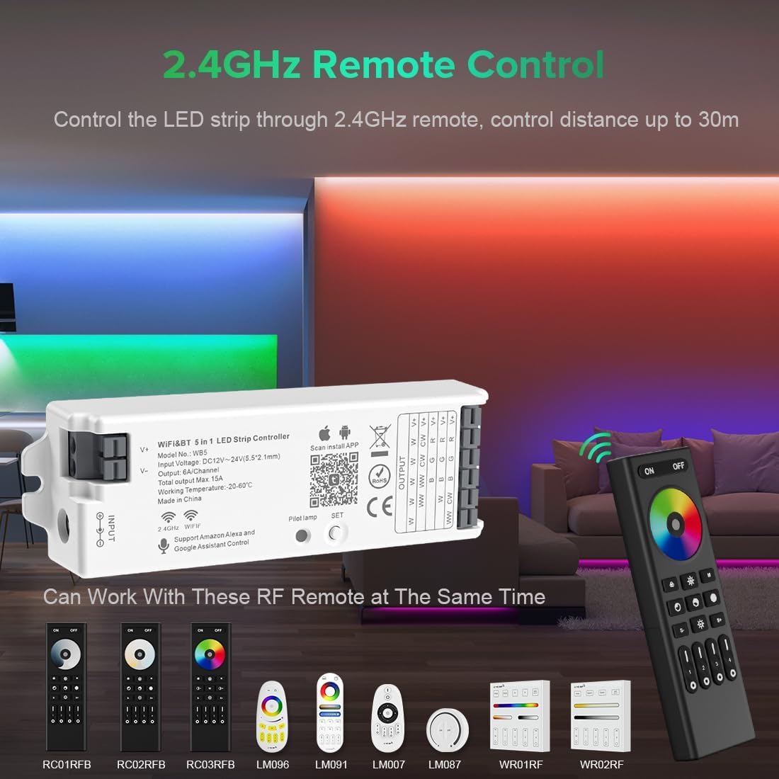 BTF-LIGHTING 5in1 WB5 2.4GHz Tuya WiFi PWM LED Controller Compatible with Alexa/Google Home/Smart Life/Tuya Smart APP Control for Dimming CCT RGB RGBW RGBCCT LED Strip Work with WR01RF WR02RF etc
