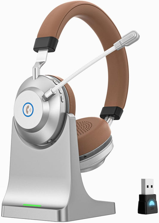 Earbay Wireless Headset with Mic for Work, Bluetooth Headset with Noise Cancelling Mic, V5.3 Lightweight Wireless Headphones with USB Dongle, Charging Base & Mic Mute for PC/Laptop/Phones/Call Center