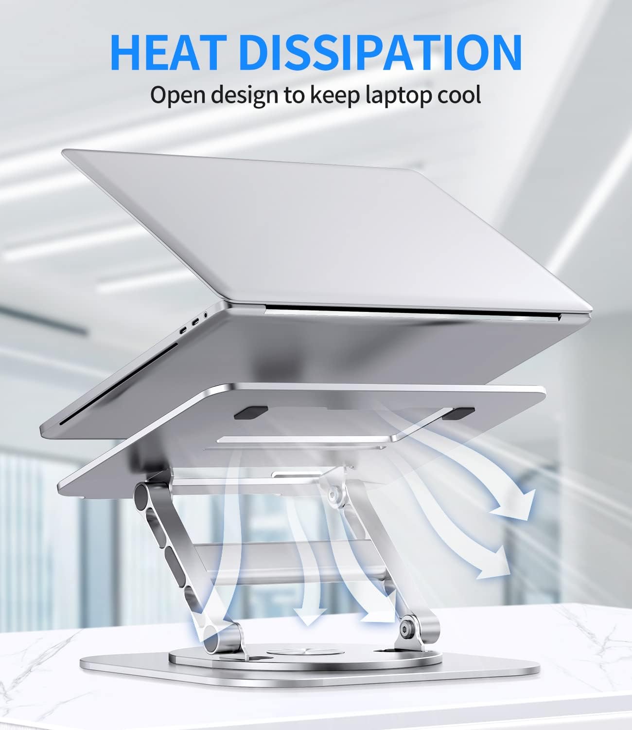 Adjustable Laptop Stand with 360 Rotating Base, Stable Computer Stand for Laptop Ergonimic Foldable Laptop Riser for Desk Compatible with MacBook Pro/Air Notebook up to 16 Inches, Silver