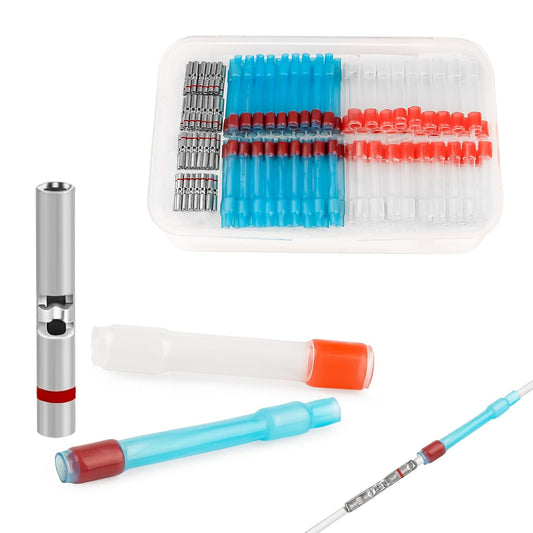 JRready 50Set IP68 Waterproof Butt Splice Connectors Red MiniSeal Crimp Splice Kit 26–20 AWG (M81824/1-1) Wire-to-Wire Butt Terminals with PVDF/PE Heat Shrink Tubes ST6385-20-50