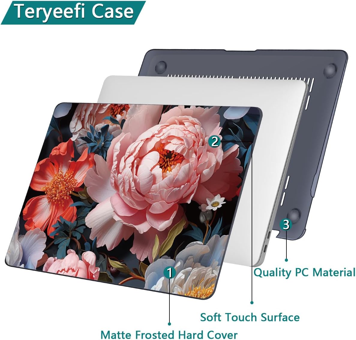 Teryeefi Compatible with M2 M1 MacBook Pro 13 inch Case Touch Bar A2338 A2251 A2289 A2159 A1989 A1706 A1708 (Release 2016-2022),Protective Slim Cover+Keyboard Cover-Colorful Peonies