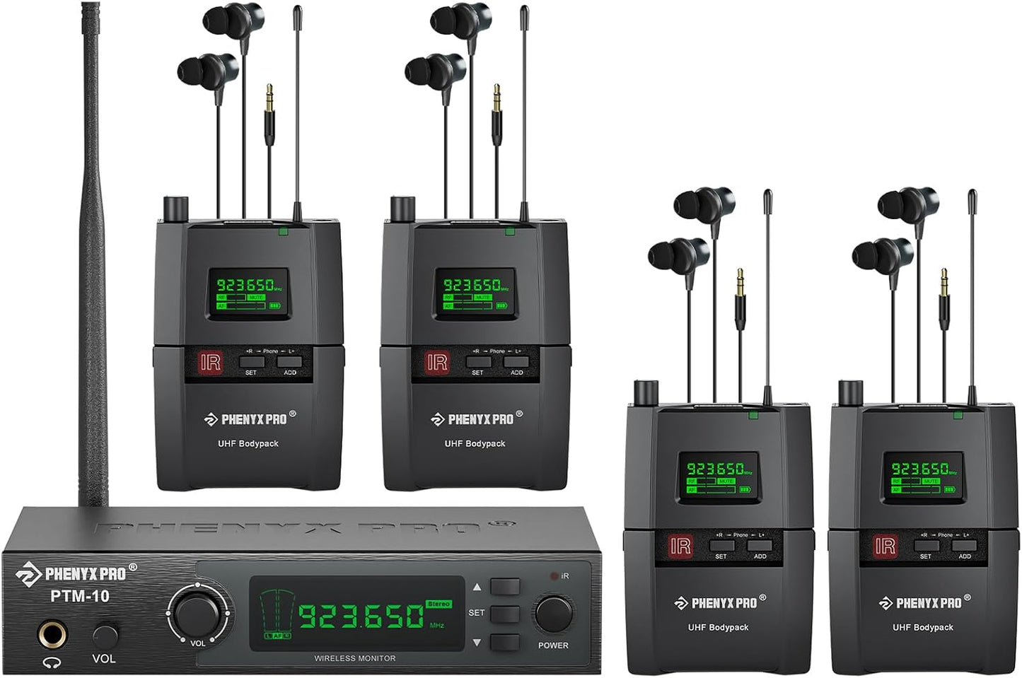 Phenyx Pro Wireless in-Ear Monitor System, Stereo IEM System with Rack Mount Kit, 89 Frequencies, 900MHz UHF Band, 164ft Range, Suitable for Stage & Studio (4 Bodypacks with Transmitter)