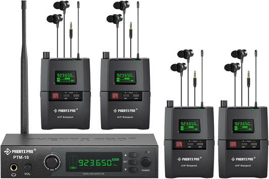 Phenyx Pro Wireless in-Ear Monitor System, Stereo IEM System with Rack Mount Kit, 89 Frequencies, 900MHz UHF Band, 164ft Range, Suitable for Stage & Studio (4 Bodypacks with Transmitter)
