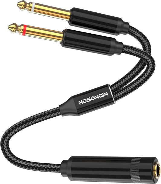 HOSONGIN 1/4 TRS Stereo Jack to Dual 1/4 TS Mono Y-Splitter Insert Cable, Nylon Braided Jacket Gold-Plated Plug Double Shielding Cable, 1 Feet