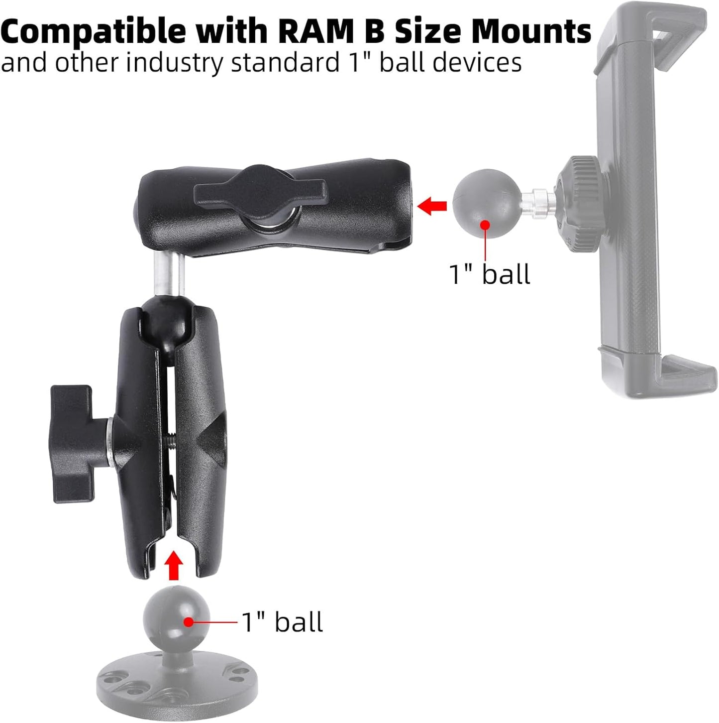 Dual Extension Double Socket Arm with 1" Double Ball Adapter Compatible with RAM B Size Mount and Other 1 inch Industry Standard Device, 360° Rotation Rod for Bike, Truck, Car (8.27" Length)