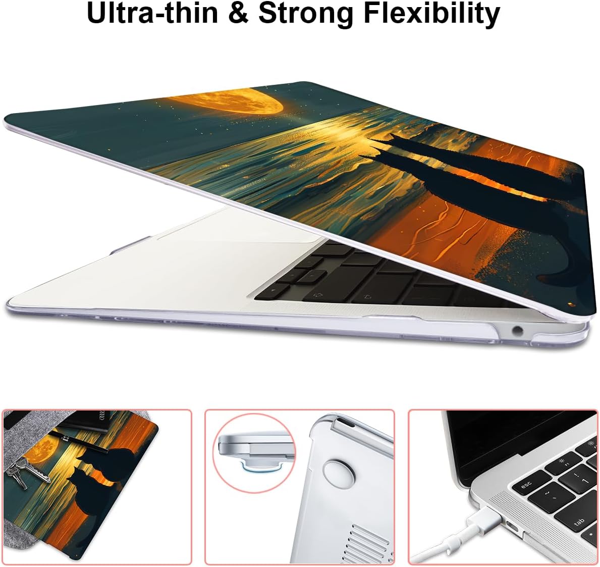 Compatible with MacBook Air 13 inch Case M1 A2337 A2179 A1932 2021 2020 2019 2018 Release with Retina Display & Touch ID, Printed Pattern Plastic Hard Shell Case Cover, Cat Watching Moon