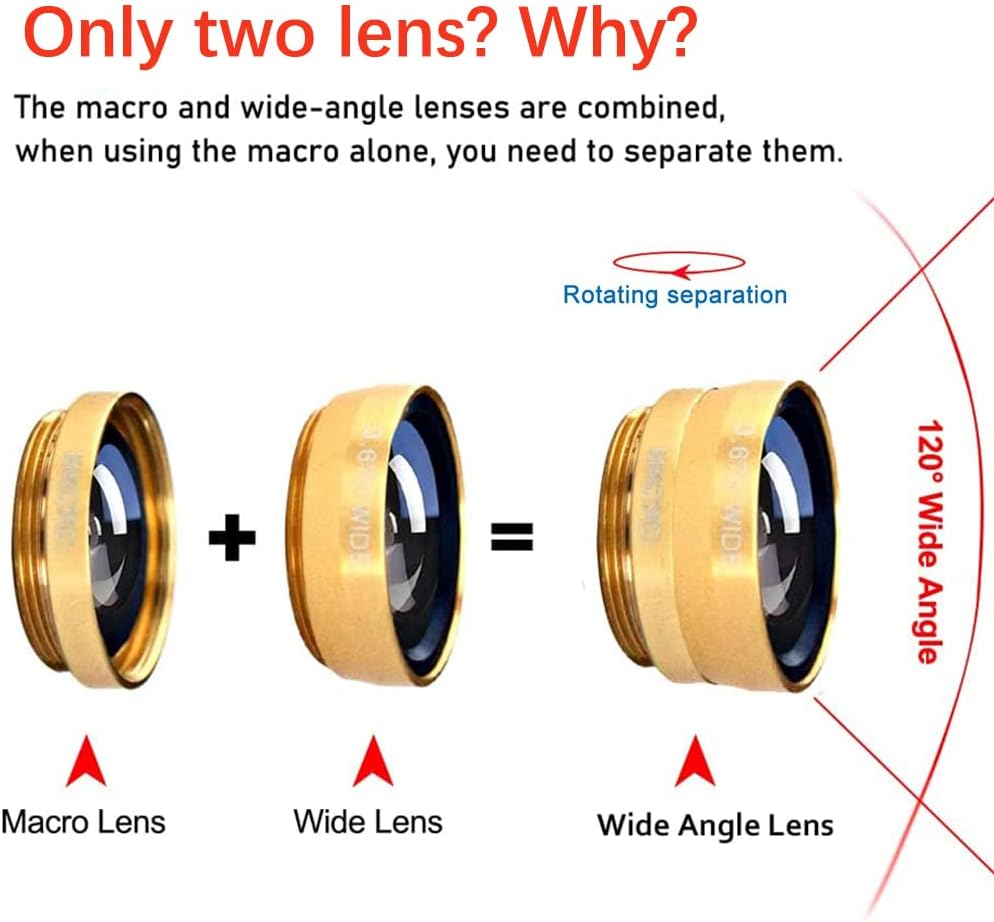 3 in 1 Cell Phone Camera Lens Kit Wide Angle Macro Fisheye Lens Universal for Smart Phones iPhone Samsung Android(Gold)