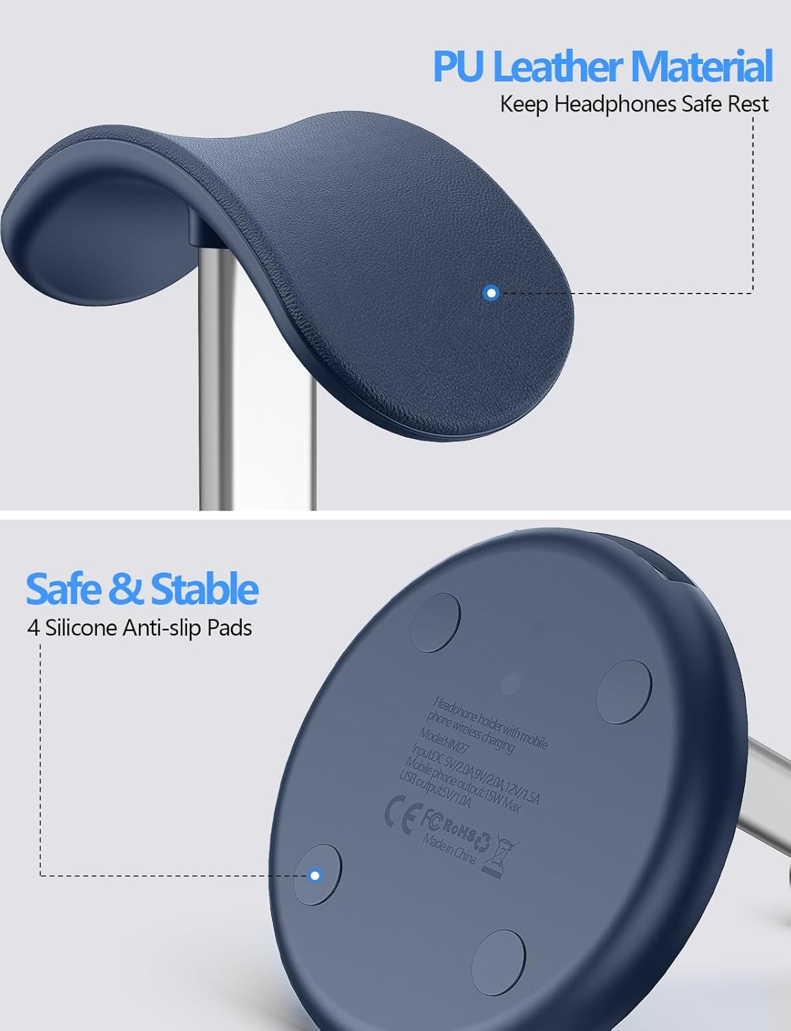 Miroddi Headphone Stand with Wireless Charger, Independent USB Charging Port, 5 in 1 Charging Station Headset Holder Rack for iWatch, iPhone, Samsung and Desk All Headphones, Dark Blue