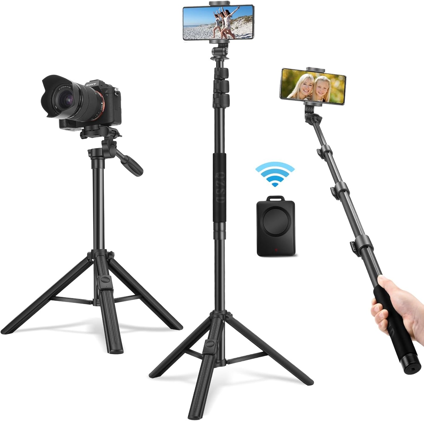 64" Phone Selfie Stick Tripod - Extendable 3 in 1 Aluminum Cell Phone Tripod Stand with Wireless Remote, Lightweight Phone Holder, Portable Travel Tripod for Phone Camera