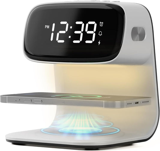 Digital Alarm Clock with Wireless Fast Charging Station 15W Touch Smart Lamp for Bedside,3 Colors Nightlight Adjustment Night Lamp for Living Room,Bedside,Heavy Sleepers (White+Cable&Adapter)