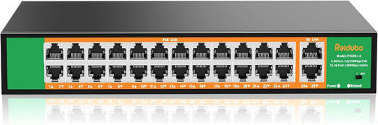 24 Port PoE Switch with 2 Gigabit Ethernet Uplink Port, Support IEEE802.3af/at, 400W High Power, Fanless, Plug and Play Unmanaged, Rackmount Ethernet Switch