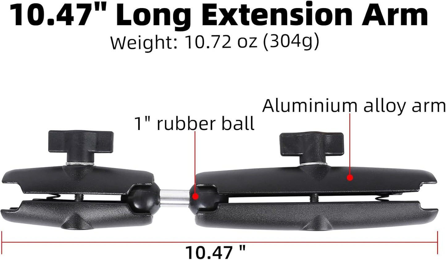 Dual Extension Double Socket Arm with 1" Double Ball Adapter Compatible with RAM B Size Mount and Other 1 inch Industry Standard Device, 360° Rotation Rod for Bike, Truck, Car (10.47" Length)