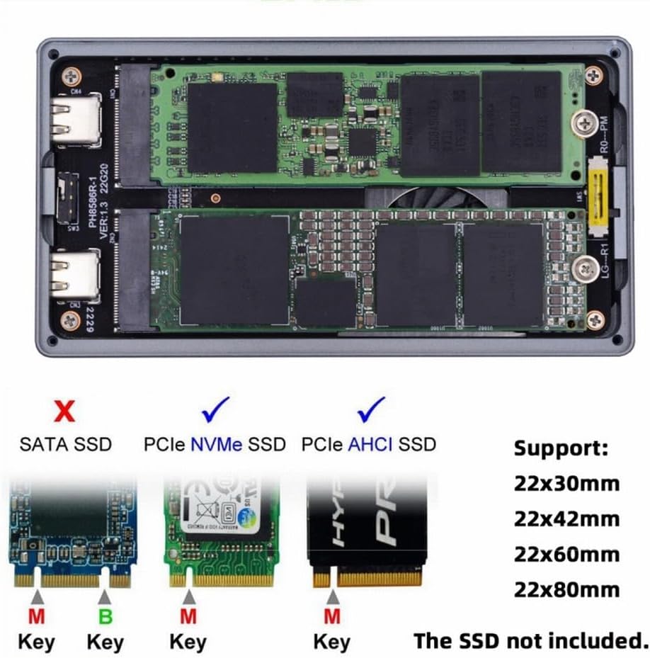CY USB4.0 20Gbps Dual NVME M.2 NGFF M-Key to USB-C Type-C Raid0 Raid1 JBOD Big Enclosure with Fan Raid0 Hyper Adapter