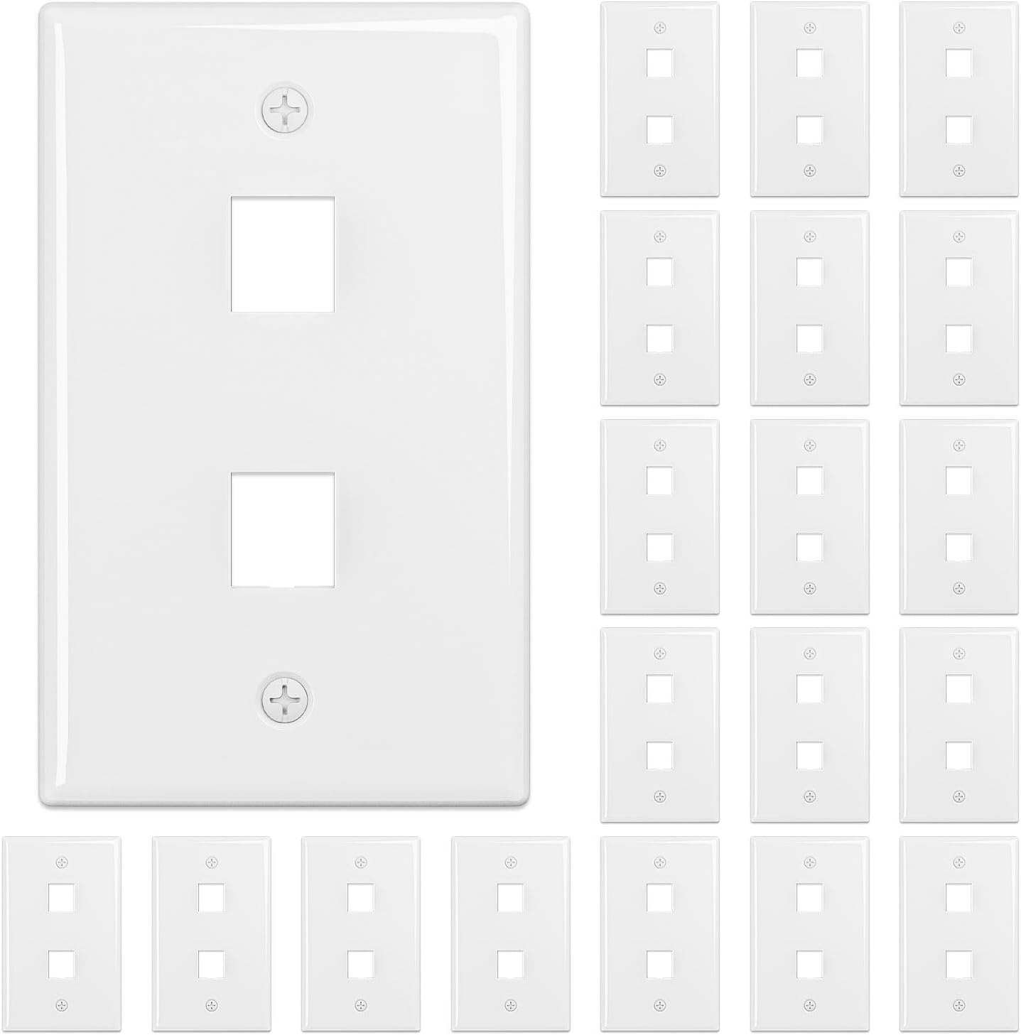 FGB 2-Port Keystone Wall Plate 20-Pack, Low-Profile Single Gang Wall Plates for RJ45, HDMI, and Coax Keystone Inserts, White