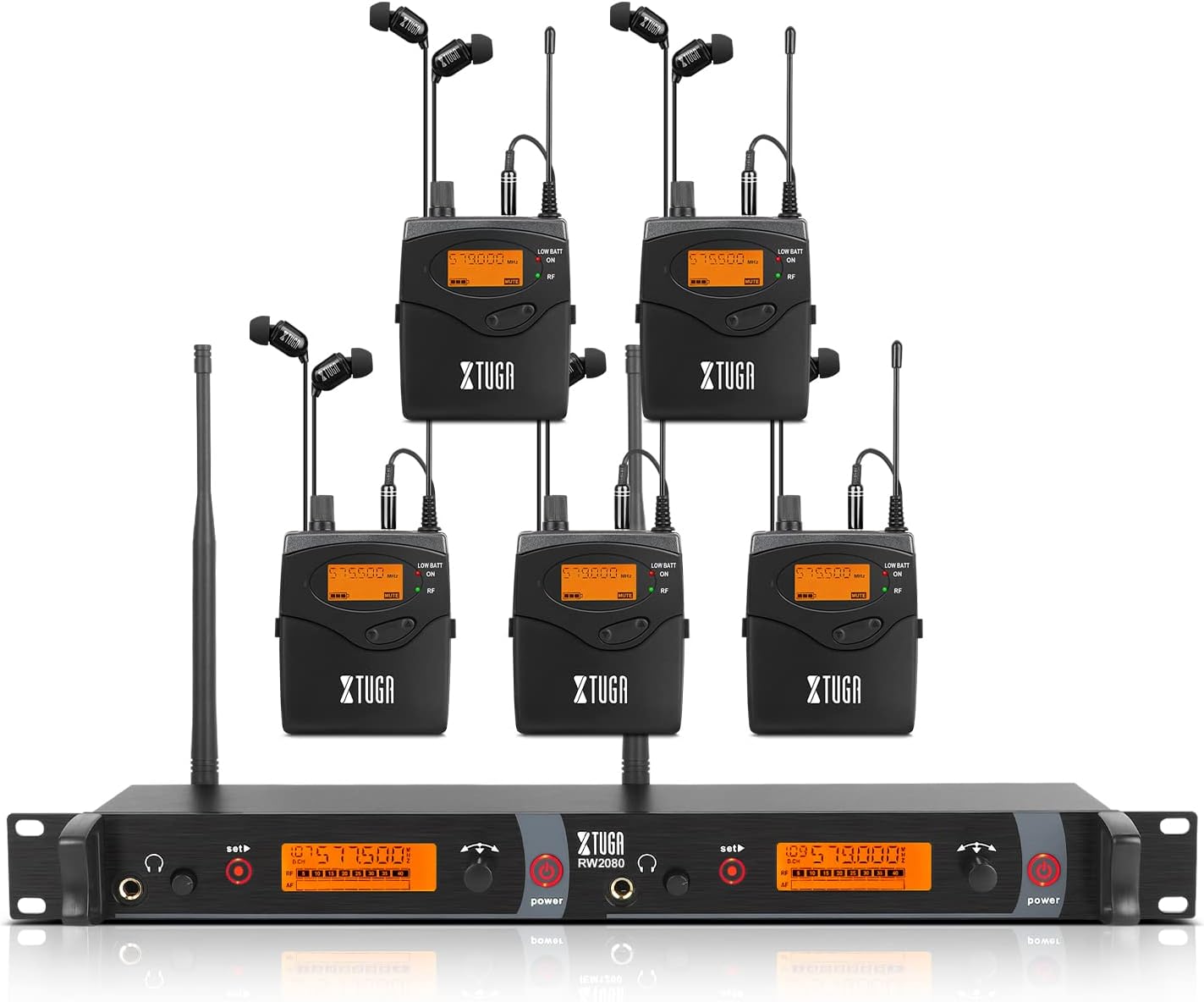 XTUGA RW2080 Wireless in Ear Monitor System Mono Design Dual Channel Wireless IEM System 5 Bodypacks, 300Ft, 40 UHF Frequencies, in Ears Monitors for Band, Stage or Studio, 902-928mhz