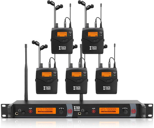 XTUGA RW2080 Wireless in Ear Monitor System Mono Design Dual Channel Wireless IEM System 5 Bodypacks, 300Ft, 40 UHF Frequencies, in Ears Monitors for Band, Stage or Studio, 902-928mhz