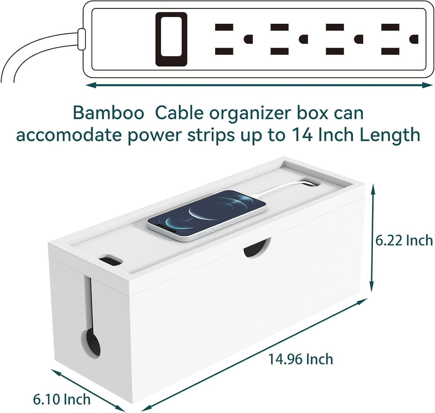 Bamboo Cable Management Box, Large Cord Organizer Box Cable Box to Hide Wires & Power Strips for Desktop Storage Cord Holder for Office Home,No Assembley Required (All White, Large)
