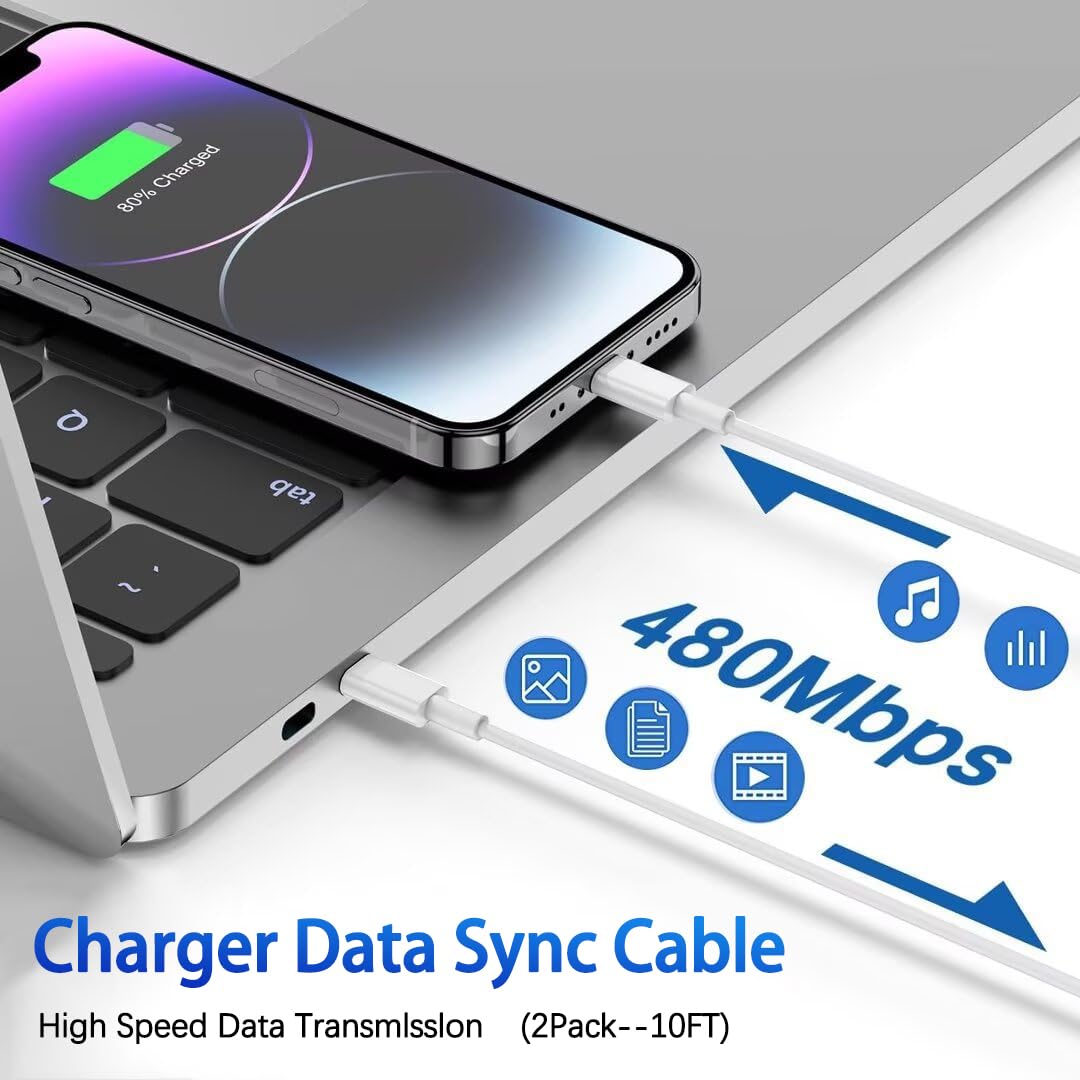 2Pack iPhone 16 15 Chargers,Dual Port Fast Wall Chargers Block with 10FT USB C to C Cable Cord Charger Fast Charging for iPhone 16e/16 Pro Max/16 Pro/16 Plus/15/15 Pro Max/15 Pro/15 Plus/iPad