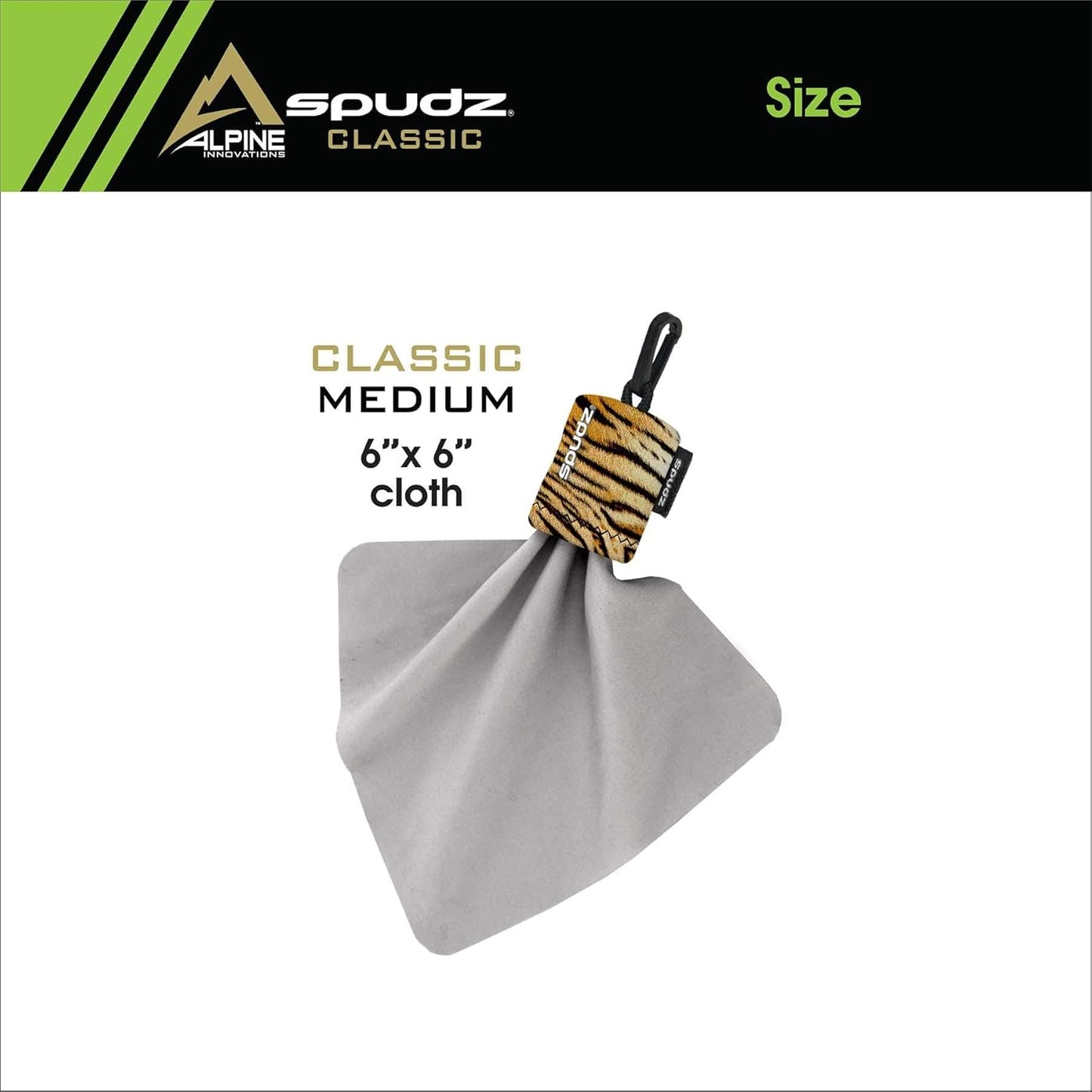 SPUDZ Classic Microfiber Lens Cleaner – Clip-On Pouch, Washable – for Binoculars, Scopes, Glasses, Screens | Tiger, 6 x 6 Inch (3-Pack)