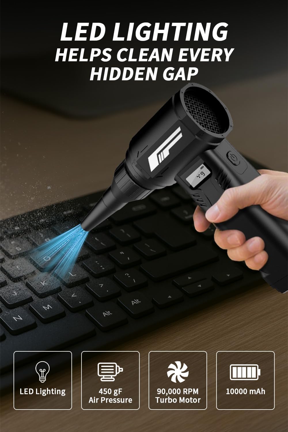Instant Dust Removal — Compressed Air Duster 90,000 RPM with 40mm Nozzle, LED Light, TFT Display, 9-Speed Adjustable Rechargeable Air Duster, 10,000mAh Battery, 5 Nozzles for Computer,blowers