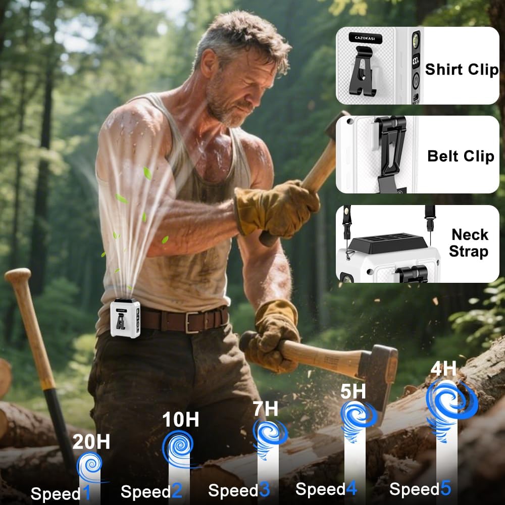 CAZOKASI Personal Waist Clip Fan Rechargeable Wearable Hand Free Wearable Cooler Fan for Traveling Working Outdoor Office (5000mAh / White)