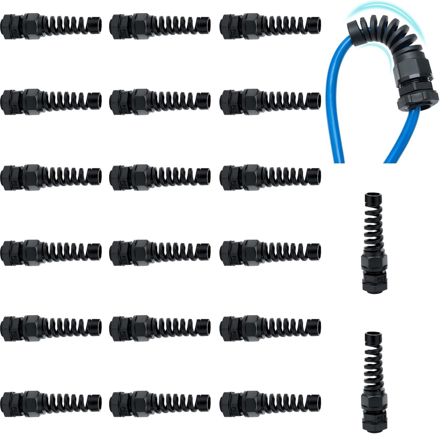 20 Pcs Waterproof Cable Gland, PG7 Thread(3-6.5mm), Made of PA66 Material,waterproof wire grommet Strain Relief Cord Connectors,Suitable for Various Electrical Installations