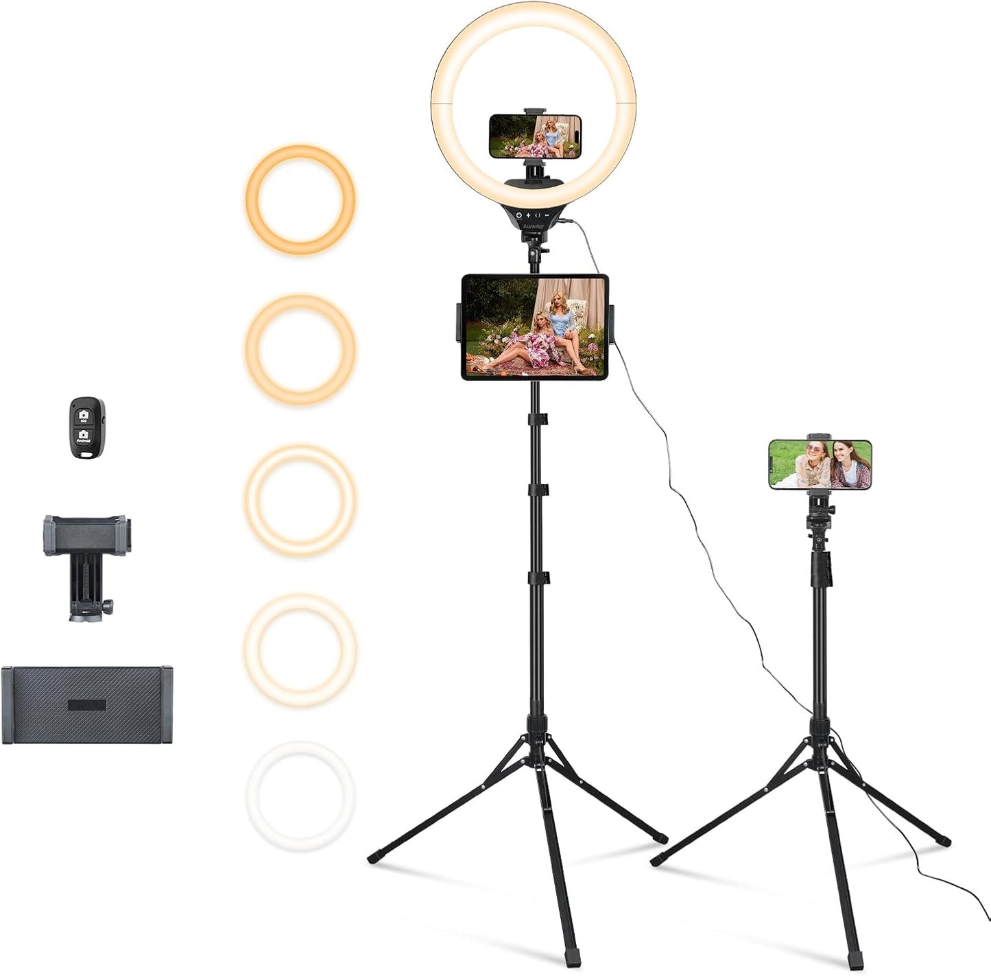 Aureday 14inch iPad Ring Light with Tripod Stand, 62inch Selfie Tripod Light Ring with Phone&Tablet Holder for Recording, 20W LED Circle Light with Wireless Remote for Tiktok, Makeup, Live Streaming