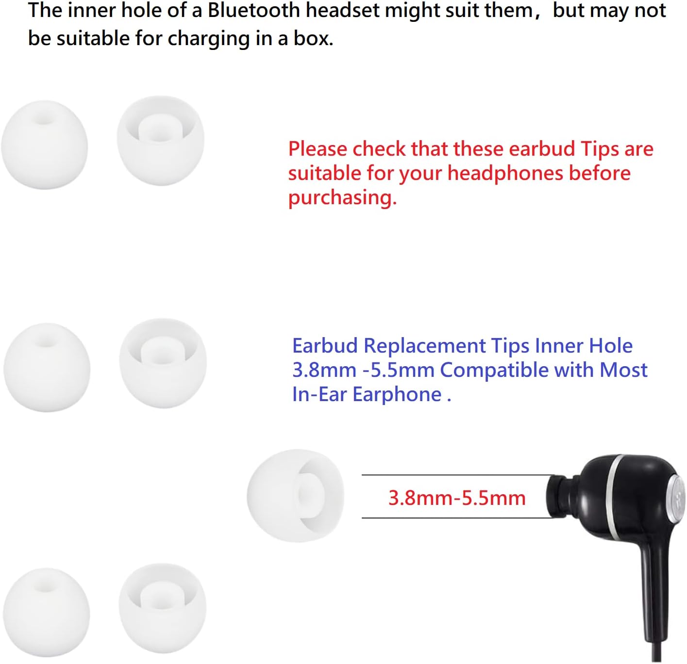 36 Pieces Medium Earbud Tips Soft and Comfortable Ear Bud Replacement Pieces Silicone Fit Most in-Ear Headphones，Inner Hole 3.8mm -5.5mm，Medium White Earbud Replacement Tips