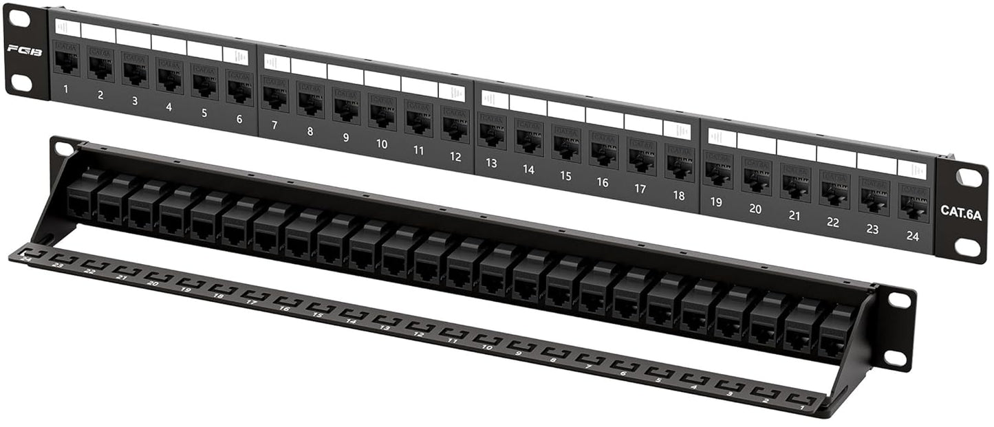 FGB 24 Port Cat6A Keystone Patch Panel, 19" Rackmount or Wall Mount, 1U with Back Bar, Network Patch Panel for Gigabit Ethernet