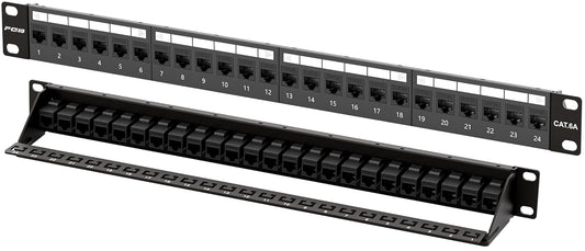 FGB 24 Port Cat6A Keystone Patch Panel, 19" Rackmount or Wall Mount, 1U with Back Bar, Network Patch Panel for Gigabit Ethernet