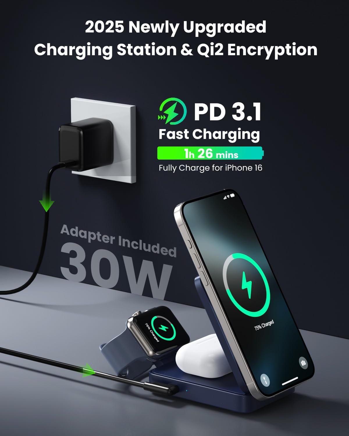 3-in-1 Wireless Charger Charging Station for iPhone, Qi2 Certified 15W Fast Charging Foldable Magnetic Charger Stand with 30W USB C Adapter for MagSafe iPhone 16/15/14/13/12, Apple Watch, AirPods