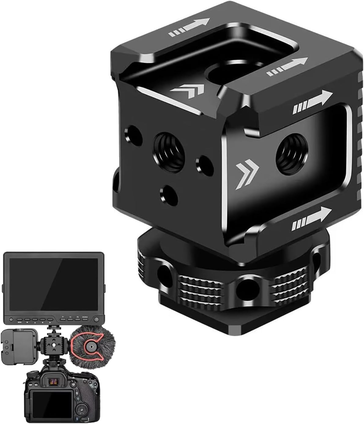 3 Port Cold Shoe Mount with 1/4"-20 Thread for Camera Cage Flash LED Monitor Microphone etc., Aluminum Camera Triple Cold Shoe Extension Bracket Compatible with Nikon, Canon, Sony..DSLR/SLR