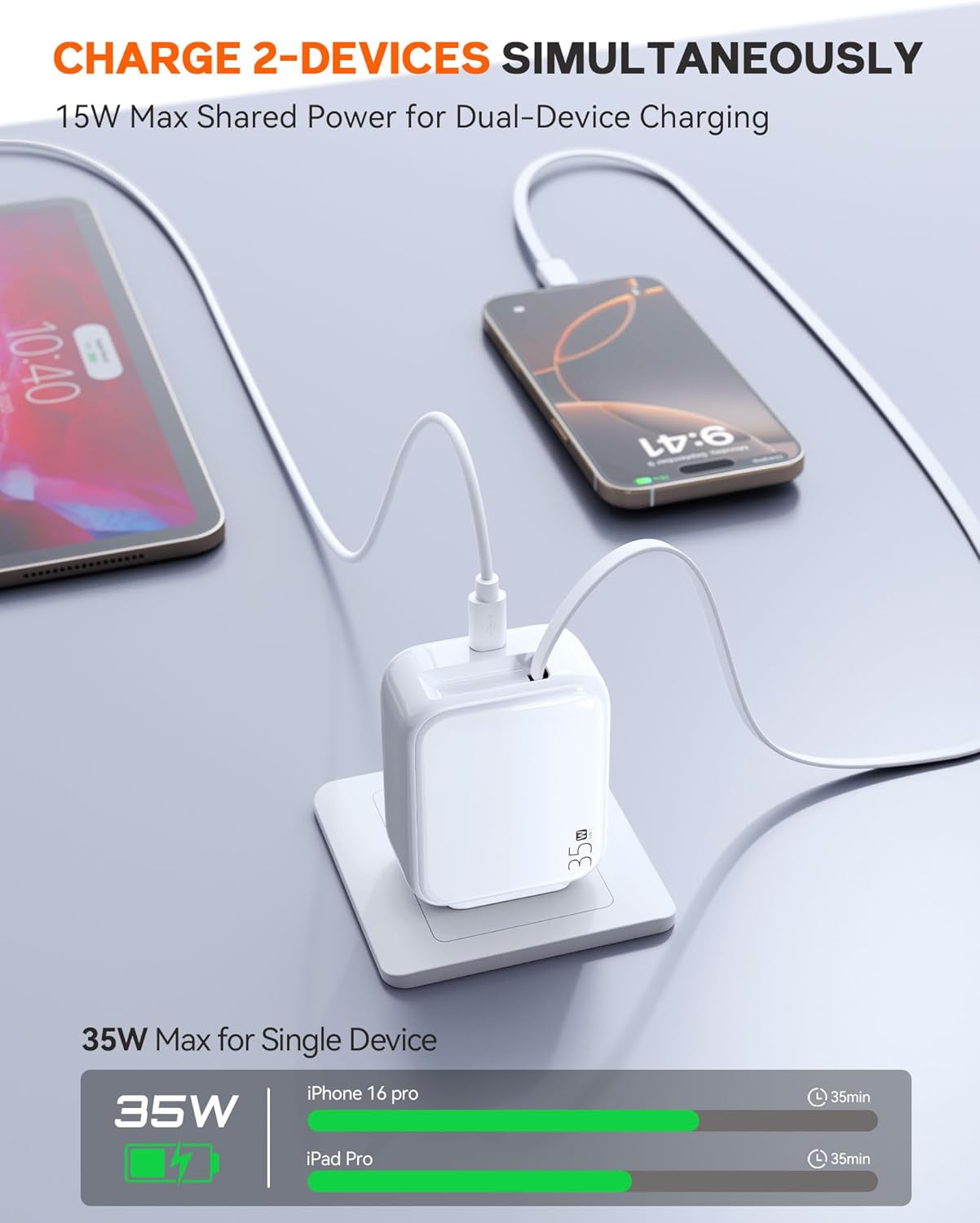 35W Retractable USB-C Wall Charger, Fast Charging Block with Foldable Plug and Retractable Type-C Cable, Dual Port PD Charger for iPhone 16/15, Galaxy S23/S22, LG, Compact for Travel & Home
