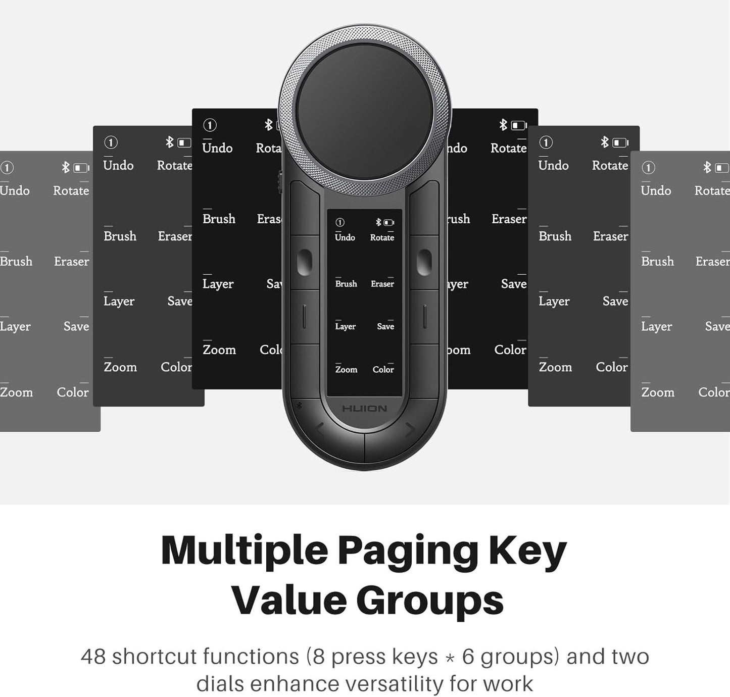 HUION Keydial Remote Bluetooth Programmable Keypad with Dual Dials 60 Customized Keys, OLED Display Macro Keypad Work with PC, Mac, Mobile, One-Hand Shortcut Keyboard for Drawing Tablet, Laptops