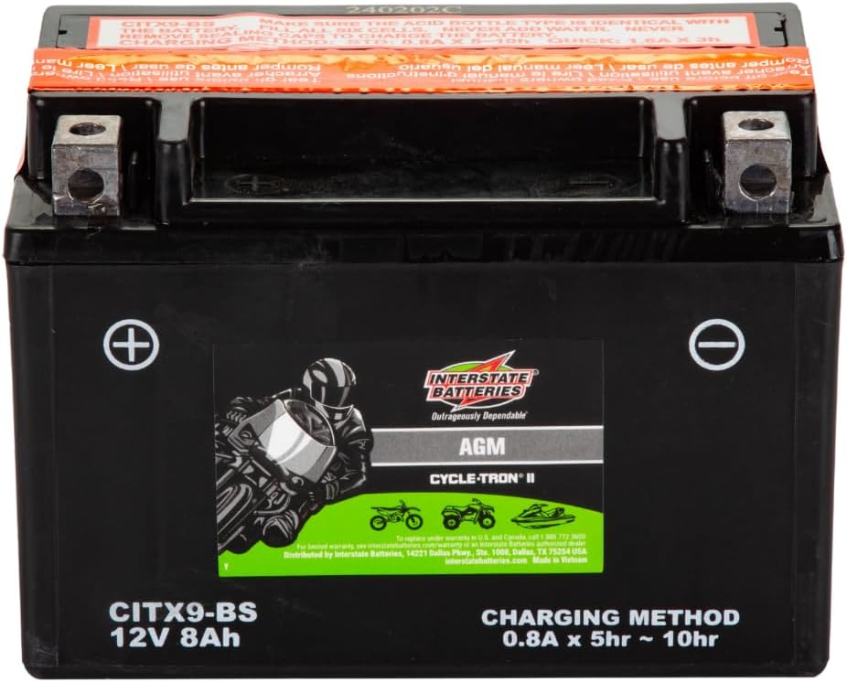 Interstate Batteries YTX9-BS 12V 8Ah Powersports Battery 130CCA AGM Rechargeable Replacement for BMW, Honda, Kawasaki Motorcycles, ATVs, Scooters (CITX9-BS)