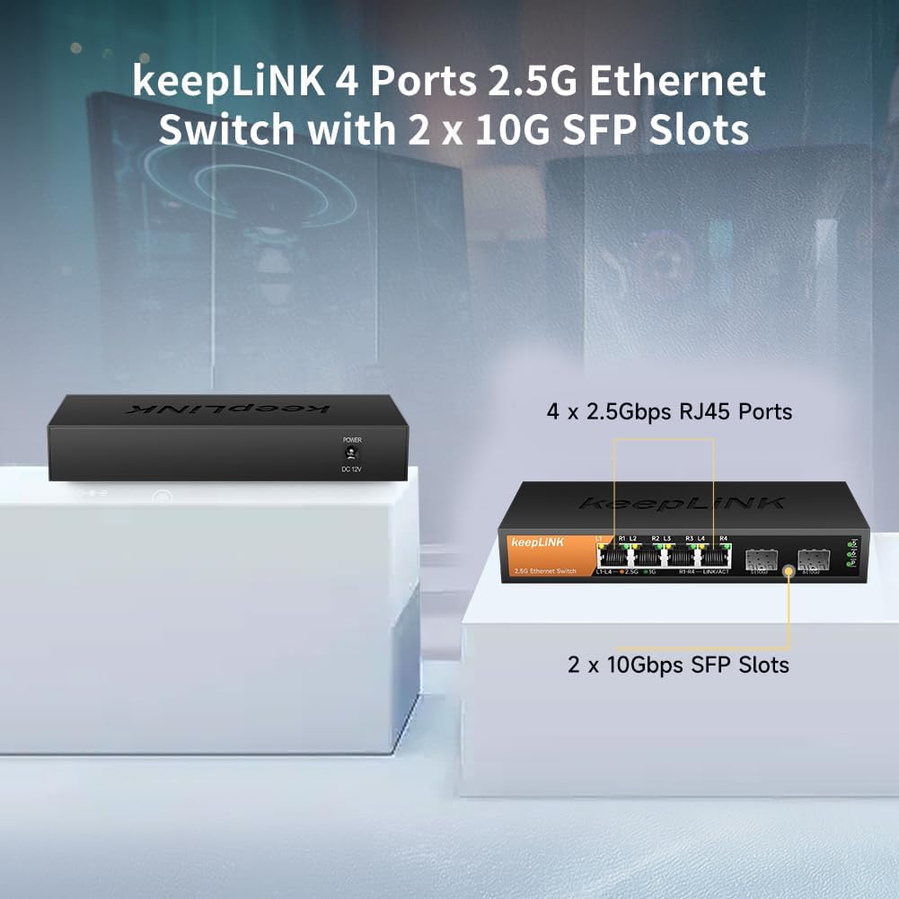 6-Port 2.5G Switch Unmanaged, 4 x 2.5GBASE-T Ports & 2 x 10GBASE-T SFP Slots, 60Gbps Switching Capacity, Plug & Play/Wall Mountable/Fanless Metal, Compatible with 1000Mbps Devices