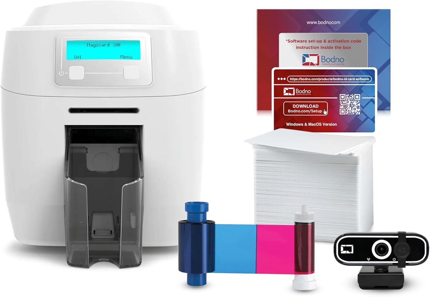 Bodno Magicard 300 Dual Sided ID Card Printer & Complete Supplies Package ID Software - Silver Edition