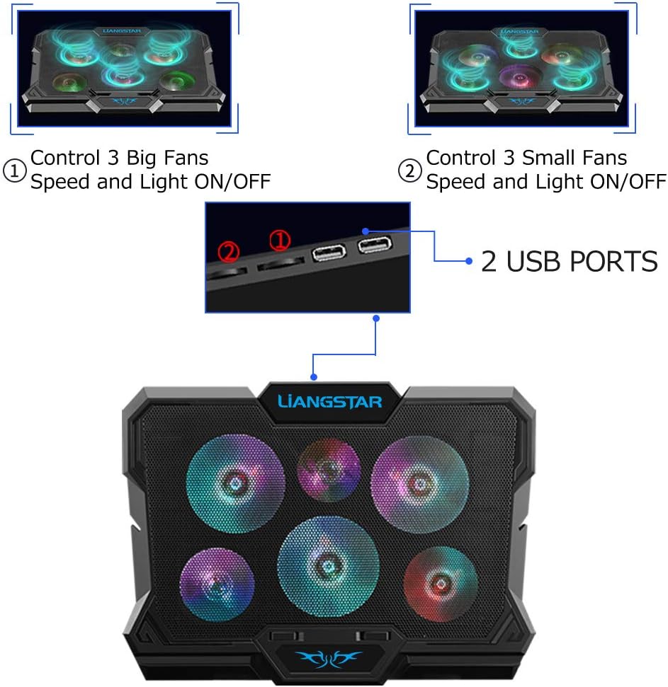 Laptop Cooling Pad, Laptop Cooler with 6 Quiet Fans RGB 7 Color Light for 15.6-17 Inch Laptop Cooling Fan Stand, Portable Slim USB Powered Gaming Laptop Cooling Pad, Switch Control Fan Speed(Black)