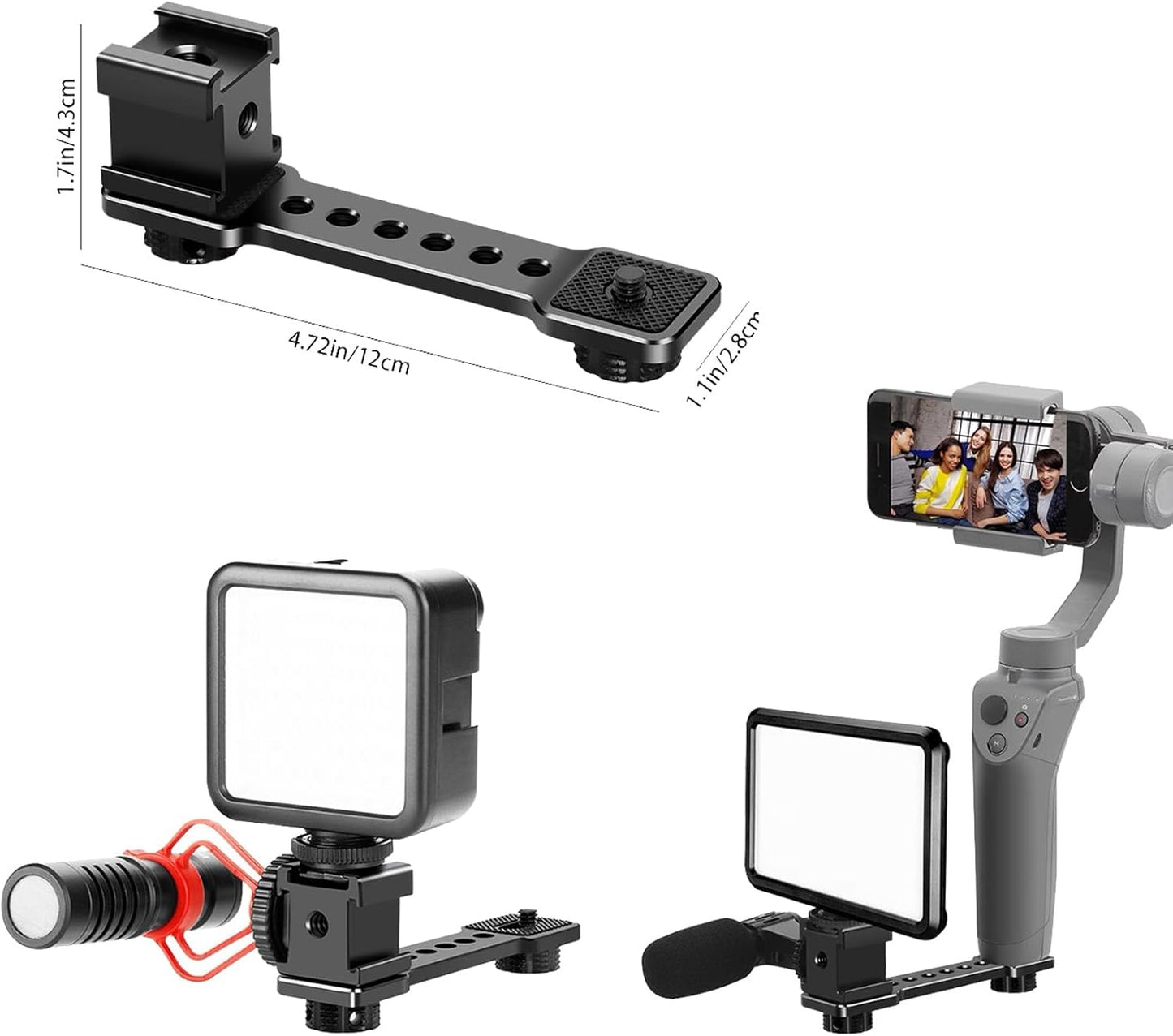 3 Port Cold Shoe Mount Plate for Camera LED Monitor Microphone etc., Aluminum Camera Triple Cold Shoe Extension Bracket Compatible with DJI OSMO Mobile 7P/67/SE, Zhiyun 5S/4/ Feiyu Gimbal Stabilizer