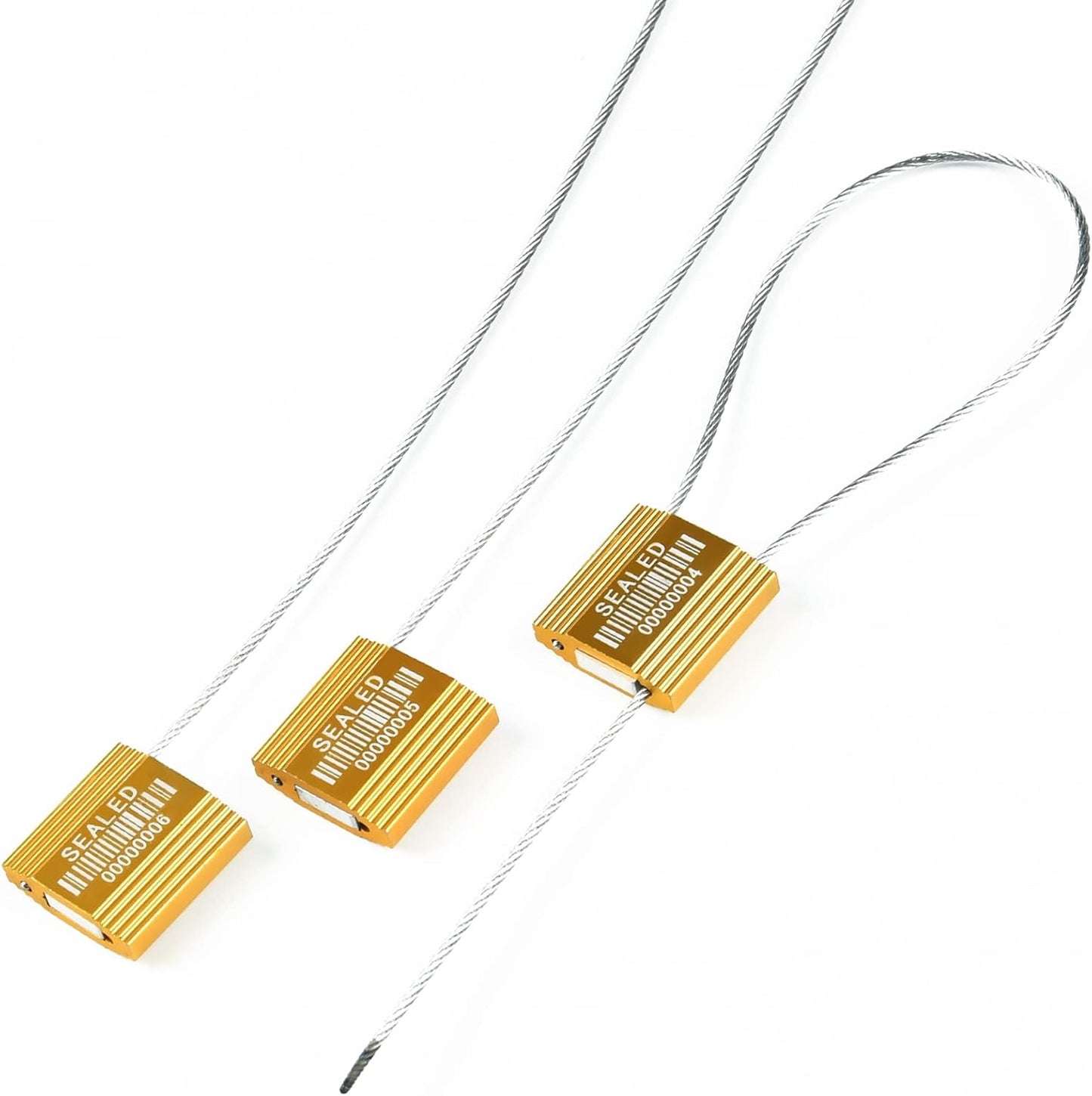 100 Yellow Steel Cable Seals with Barcode, ISO 17712 Security Seals: Truck Seal, Anti-Tamper Pull Tite Tags, Self-Locking Safety Ties