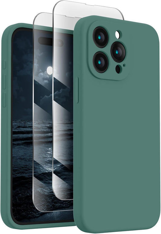 FireNova Designed for iPhone 15 Pro Max Case, Silicone Upgraded [Camera Protection] Phone Case with [2 Screen Protectors], Soft Anti-Scratch Microfiber Lining Inside, 6.7 inch, Midnight Green