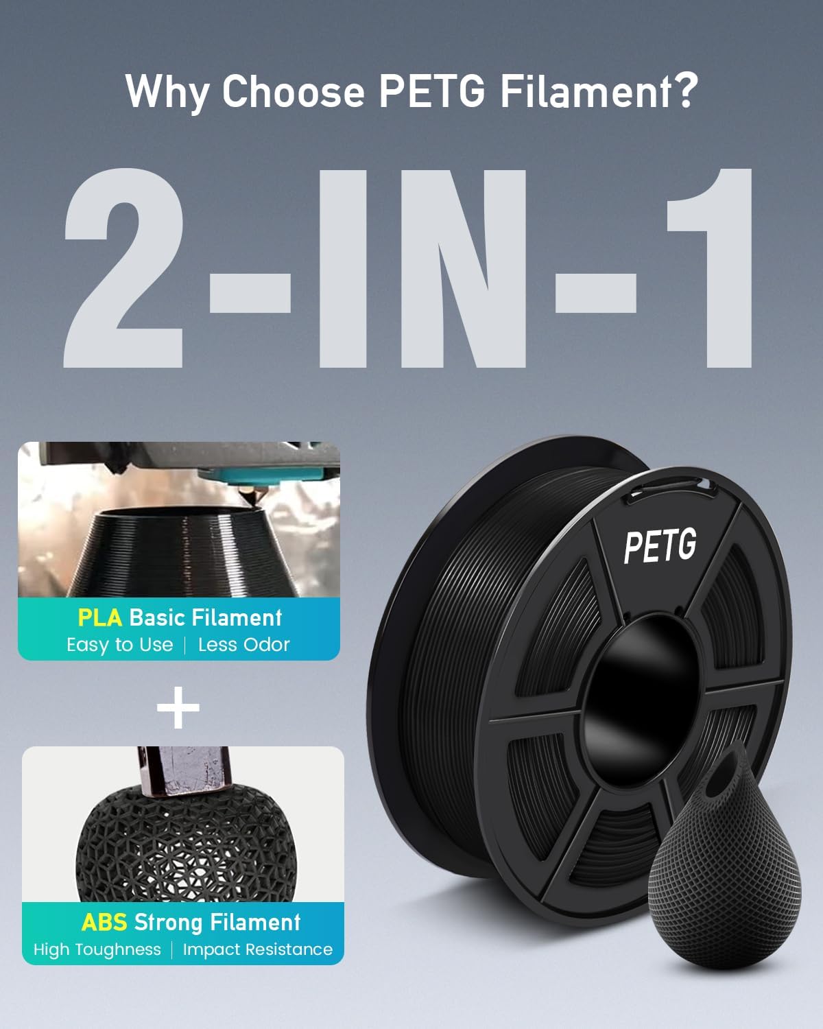 SUNLU Large Spool 3KG PETG Filament, 3D Printer Filament PETG 1.75mm, Less Stringing Good Layer Adhesion High Toughness, Big Roll Filament, 3kg Spool(6.6 lbs), White