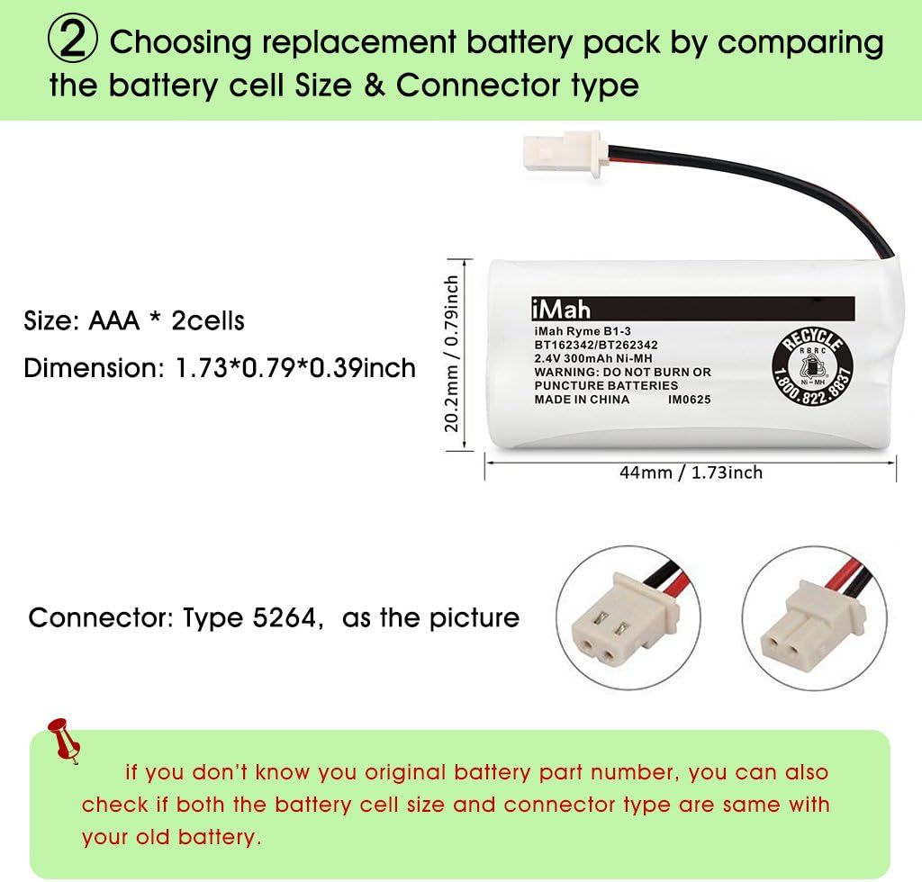 iMah BT162342/BT262342 2.4V 300mAh Ni-MH Cordless Phone Batteries Compatible with VTech CS6719 CS6114 CS6409 CS6419 CS6429 AT&T CL80112 EL52300 EL52400 Handset Telephone, Pack of 4