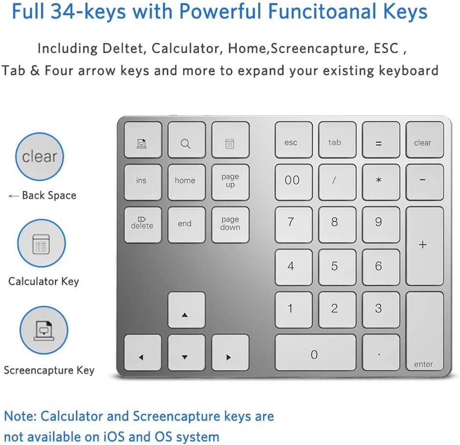 Bluetooth Number Pad, Wireless Numeric Keypad, USB-C Rechargeable External 34-Keys Numpad, Financial Data Entry Keyboard for iMac, MacBook Air/Pro, PC Desktop, Laptop Notebook(Silver)