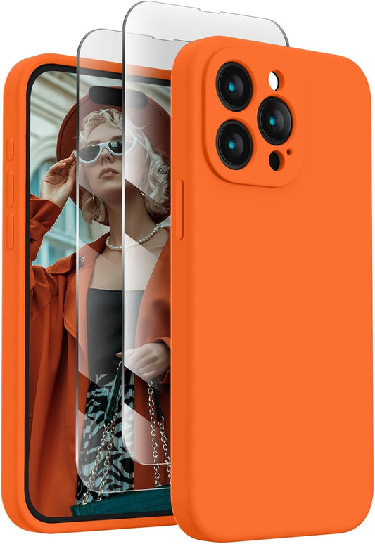 FireNova Designed for iPhone 15 Pro Max Case, Silicone Upgraded [Camera Protection] Phone Case with [2 Screen Protectors], Soft Anti-Scratch Microfiber Lining Inside, 6.7 inch, Neon Orange