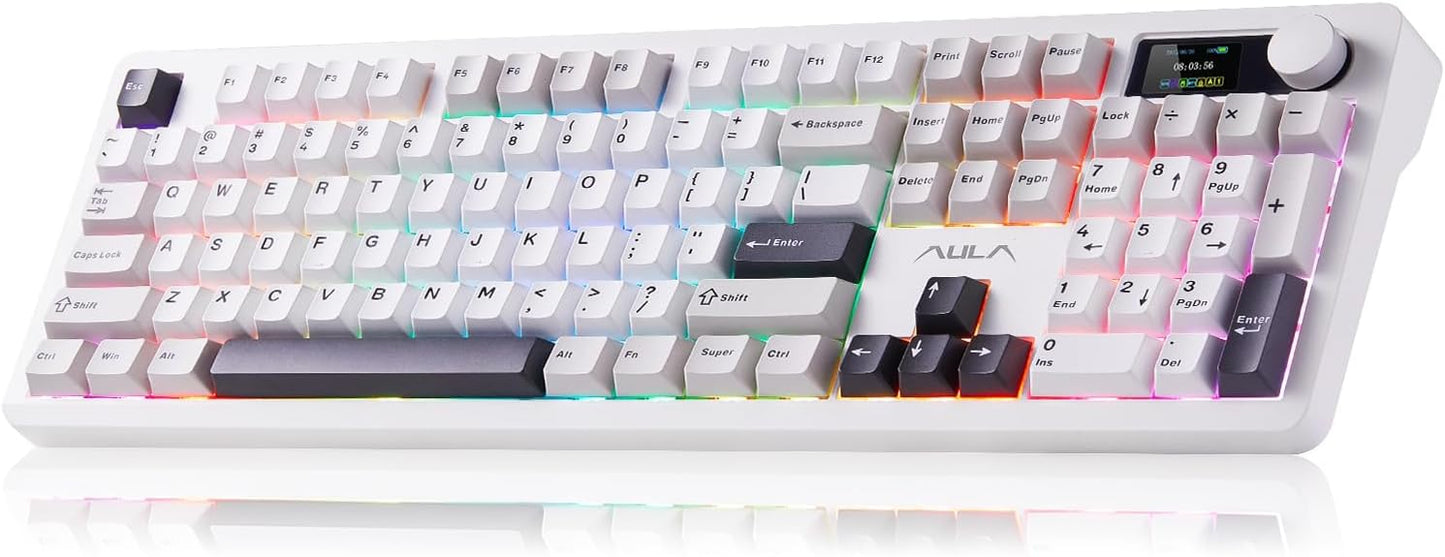 AULA F106PRO Wireless Keyboard, Full Size Mechanical Keyboard with Media Knob & Screen, 8000mAh Battery Hot Swappable Custom PBT keycaps Gaming Keyboard - Blaze Switch,Black White Grey