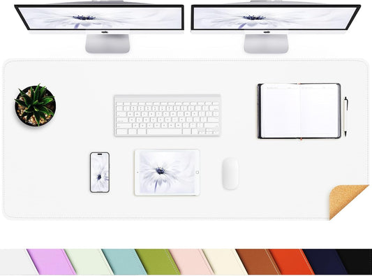 AFIING Leather Desk pad Protector, Large Non-Slip Office Desk Mat with Natural Cork & PU Leather, Waterproof Writing Mouse Pad for Office and Home (55in*17in,White)