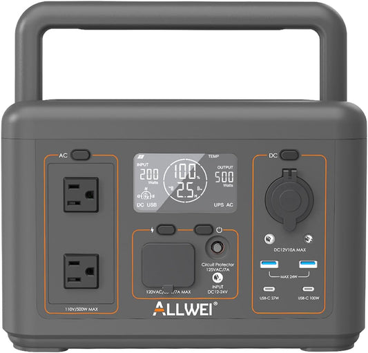 ALLWEI Portable Power Station 500W, 512Wh LiFePO4 Battery, UPS Function, 2.5Hrs Fast Charge, 2 AC Outlets(Surge 1000W), Solar Generator for Outdoor Camping RV CPAP Home Emergency