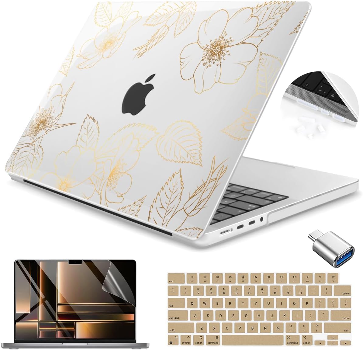 Teryeefi Case for 2021-2024 MacBook Pro 14 Inch M4 M3 M2 M1(Model A3112 A3401 A3185 A2992 A2918 A2779 A2441) with Keyboard Cover & Screen Protector & OTG Adapter, Golden Flower Leaf